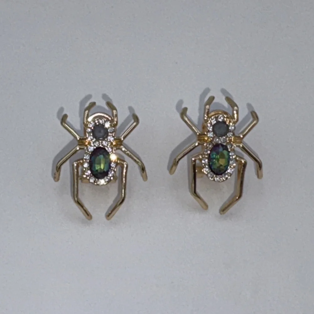 Betsey Johnson Jeweled Gold Spider Stud Earrings New